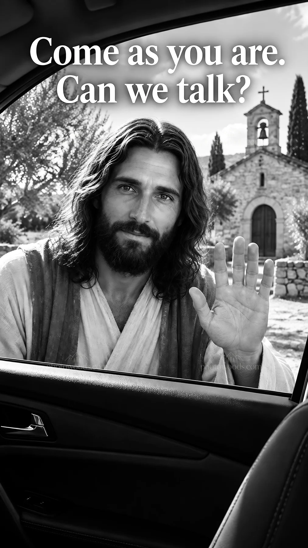 Jesus Christ welcoming a traveler at a church - AI-generated stock image