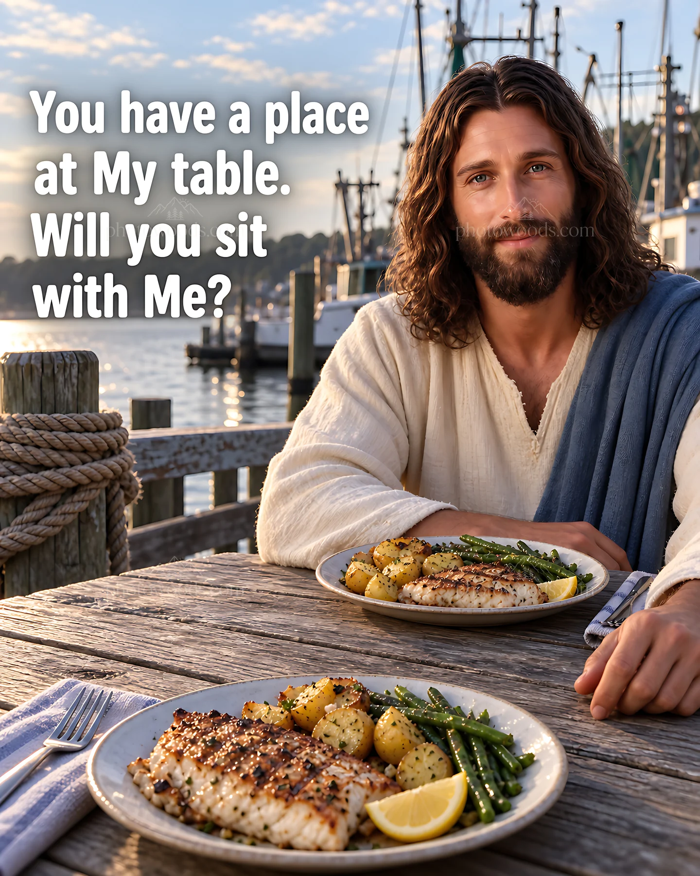 Supper invitation by the harbor with fish and vegetables - AI-generated stock image