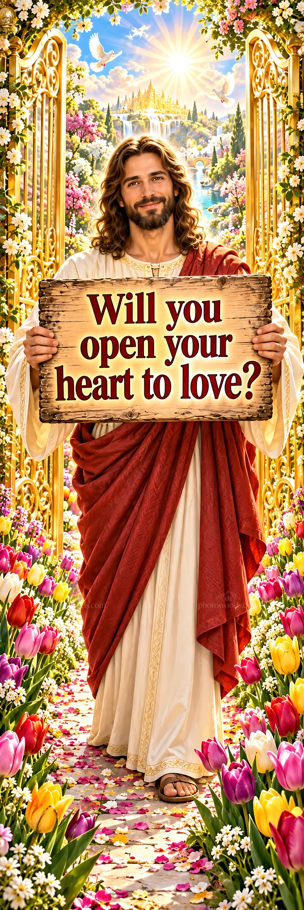 Jesus Christ inviting viewers to open their hearts to love - AI-generated stock image