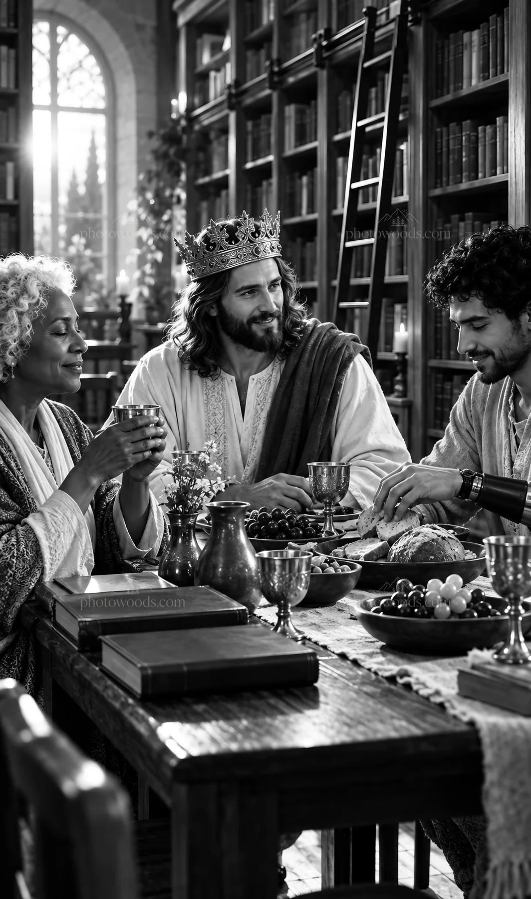 Jesus Christ sharing a meal with followers in a library setting - AI-generated stock image