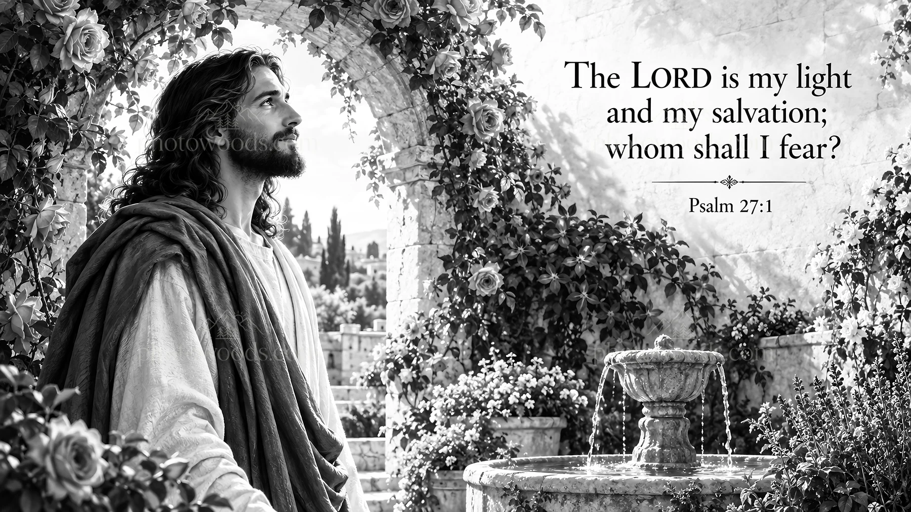 Jesus Christ in a garden setting with a fountain - AI-generated stock image