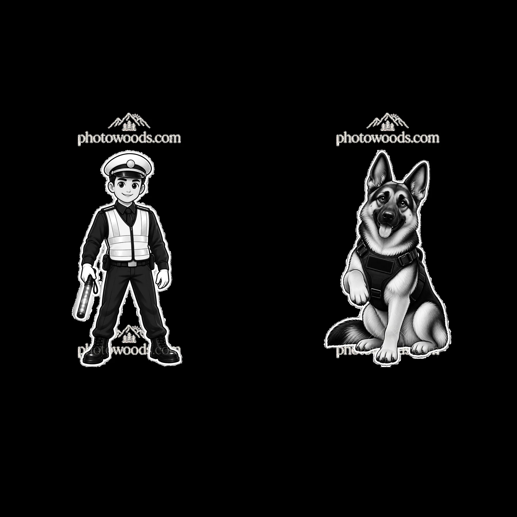 Police officer with dog in monochrome cartoon illustration - AI-generated stock image