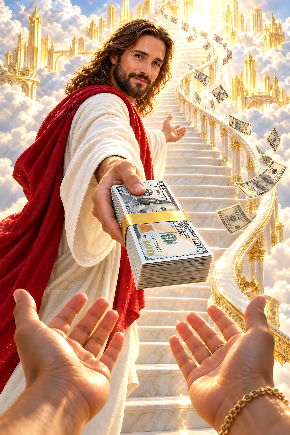 Celestial staircase with figures reaching for money - AI-generated stock image