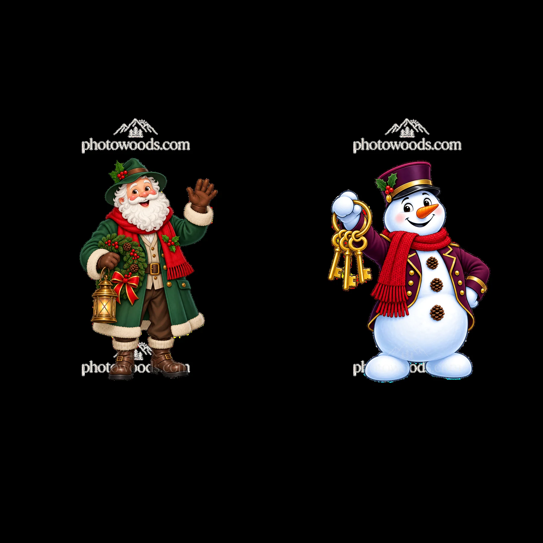 Santa Claus and snowman holding keys at Christmas villa - AI-generated stock image