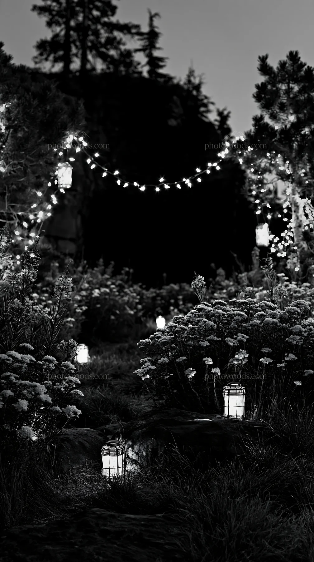 Christmas lanterns at dusk in meadow by cave - AI-generated stock image