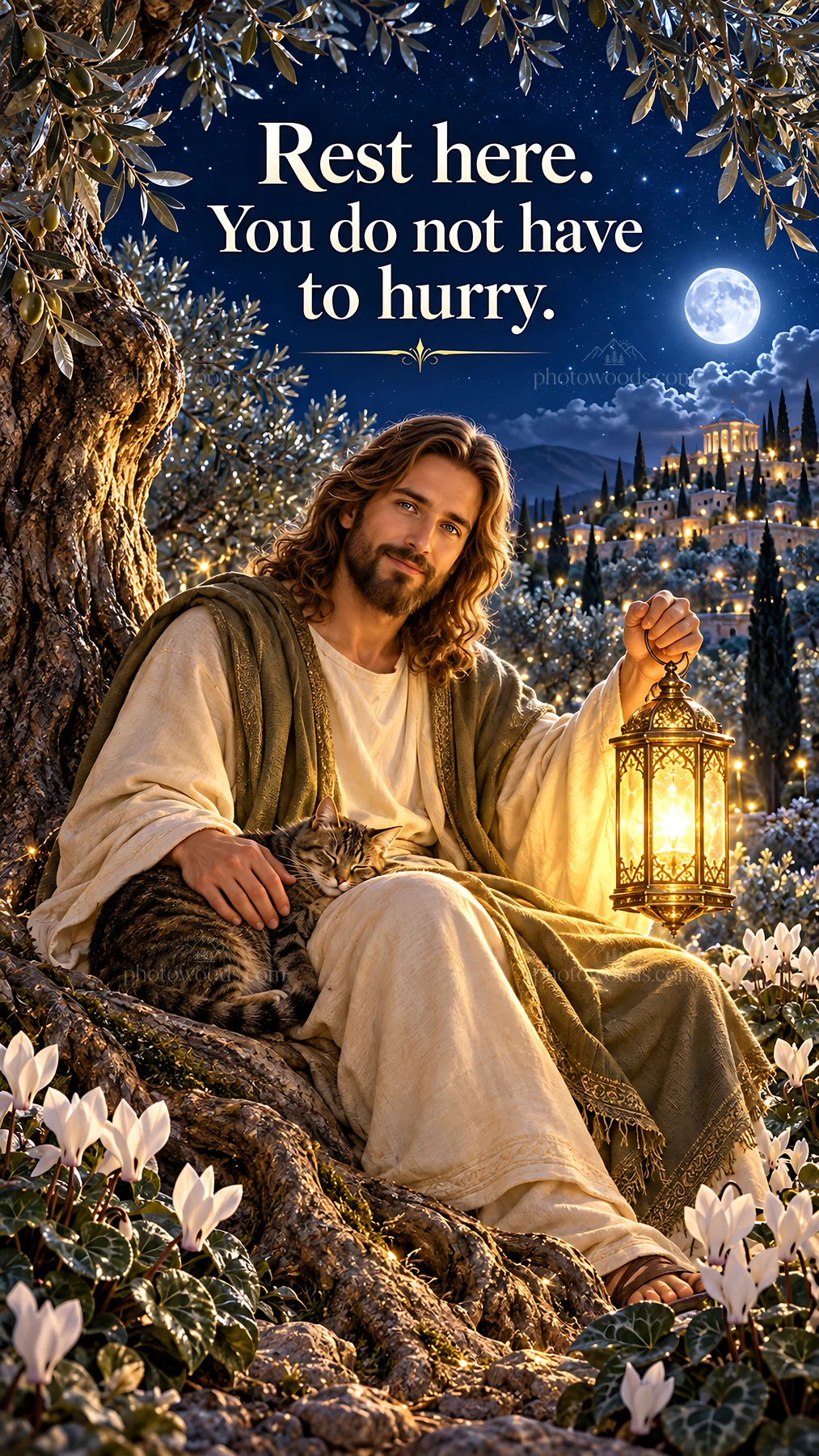 Jesus Christ sitting with a lantern in a peaceful garden - AI-generated stock image