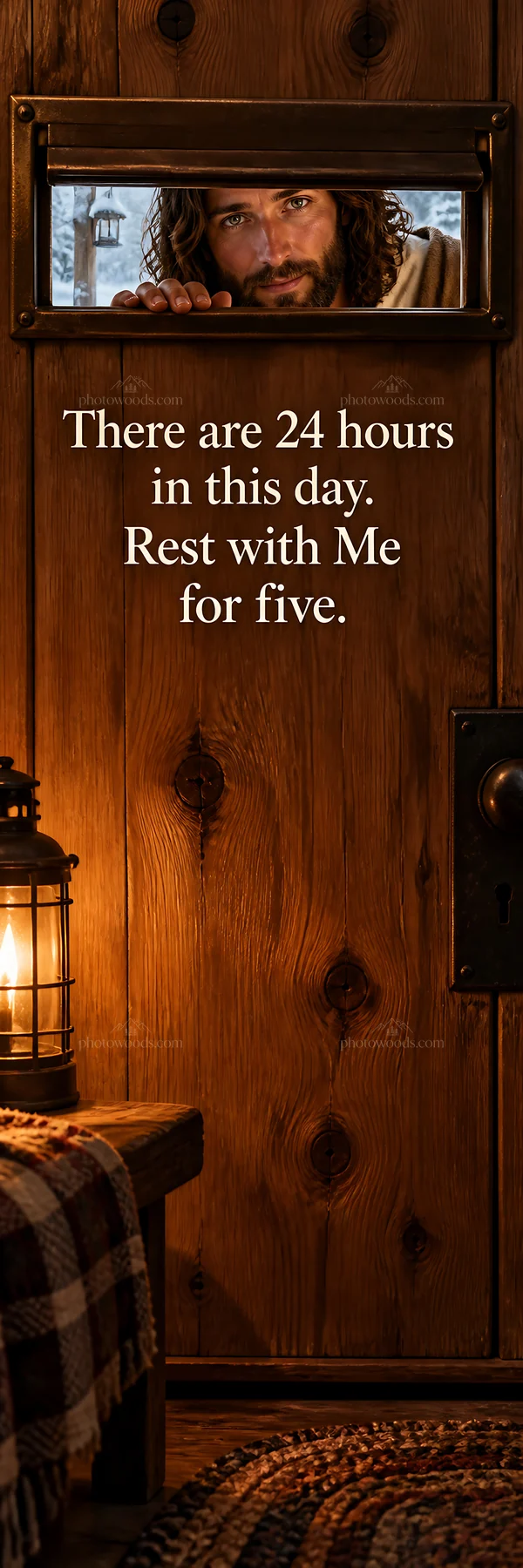 Jesus Christ invites rest and reflection on a wooden door - AI-generated stock image