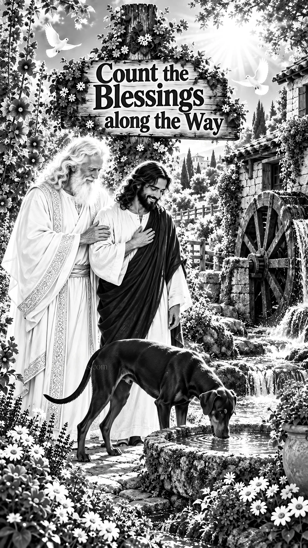 Jesus Christ walking with a companion near a peaceful stream - AI-generated stock image