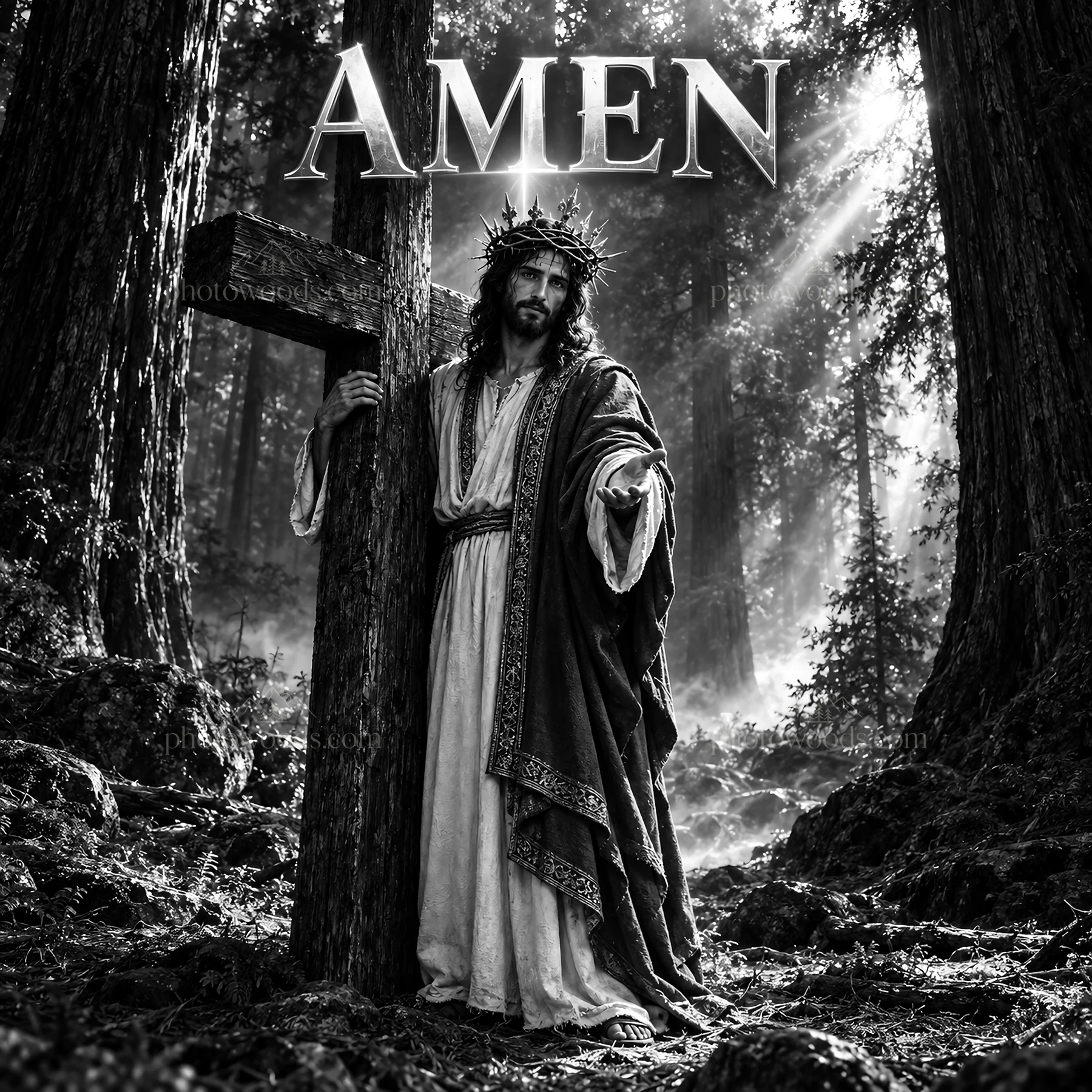 Jesus Christ near a cross in a forest setting - AI-generated stock image