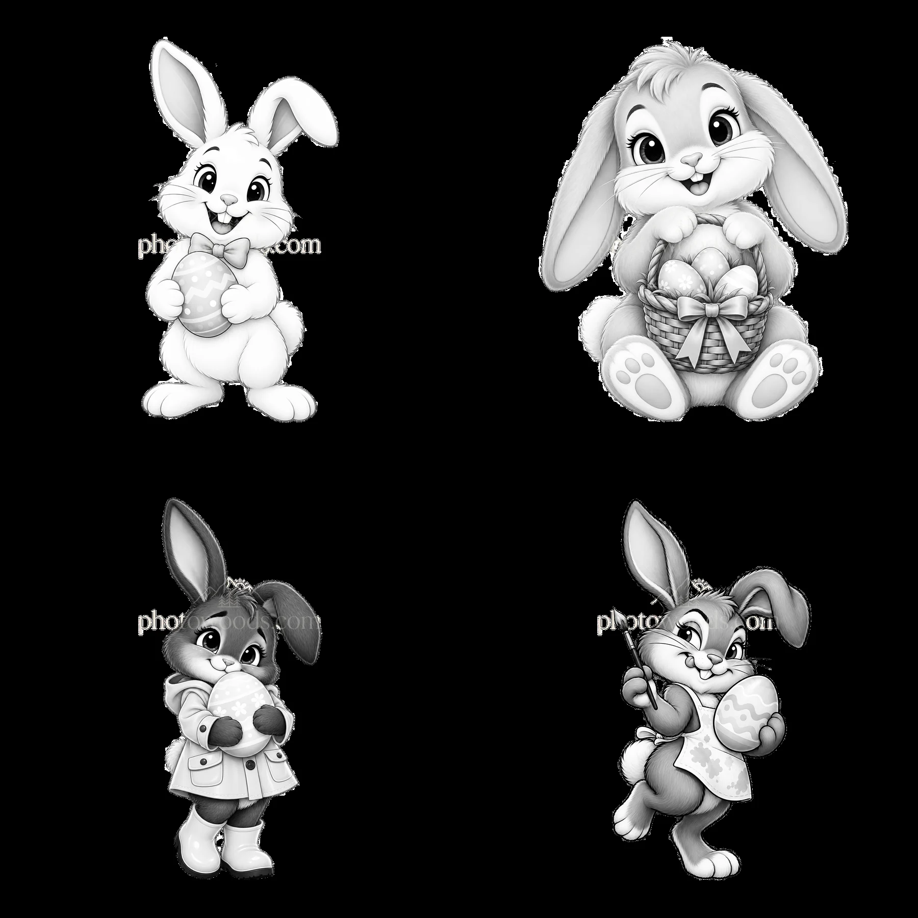 Easter bunny cartoon stickers with eggs in festive poses - AI-generated stock image