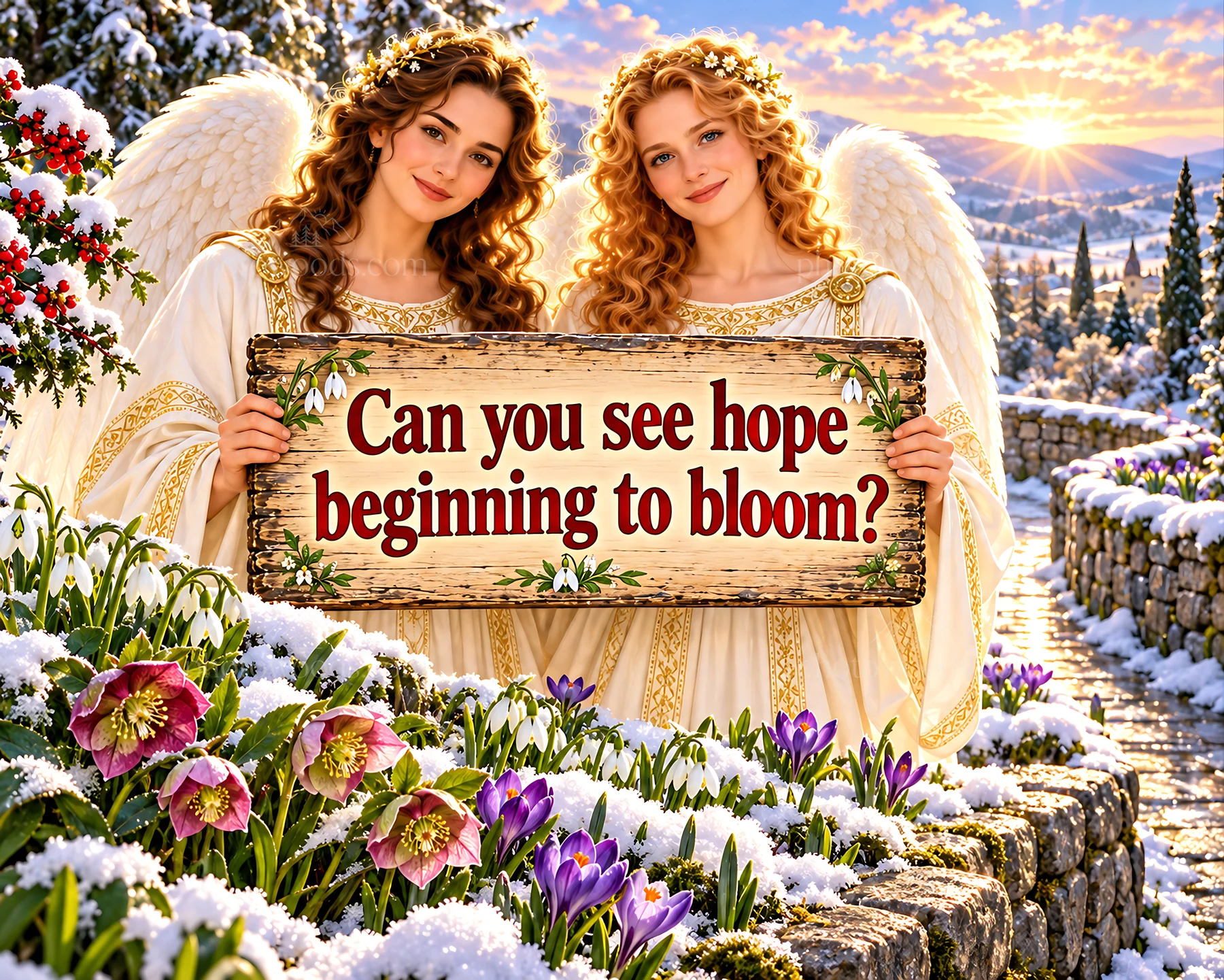 Jesus Christ offering hope through angels in a blooming garden - AI-generated stock image