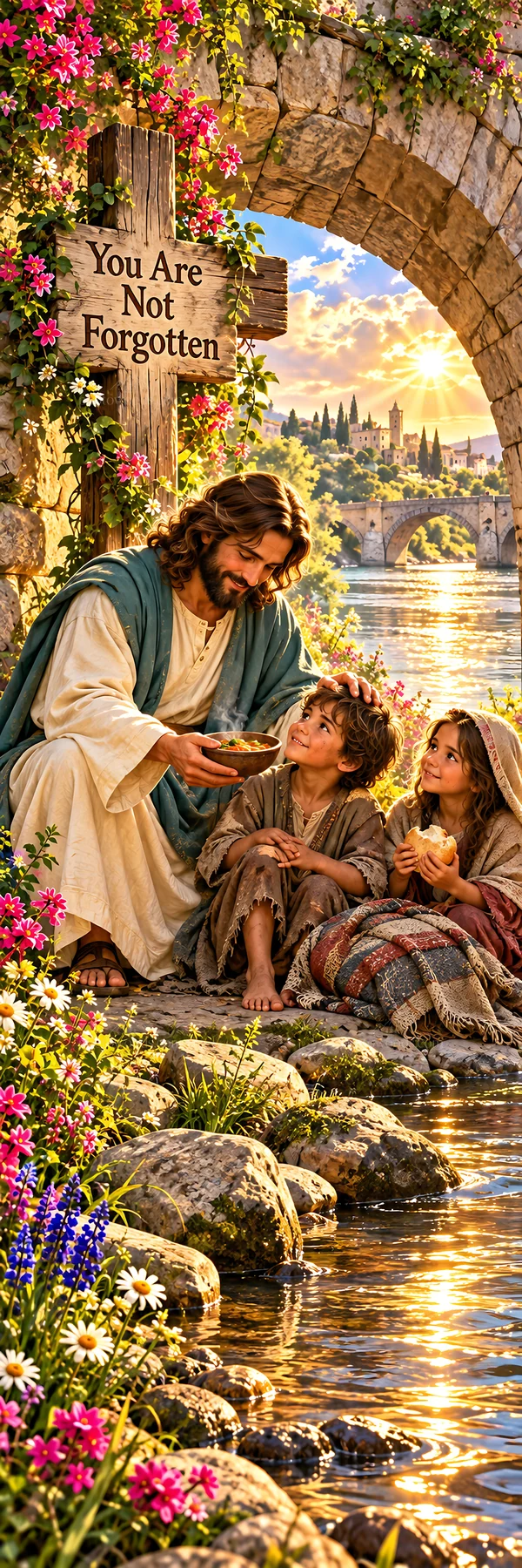 Jesus Christ sharing a meal with children by a river - AI-generated stock image