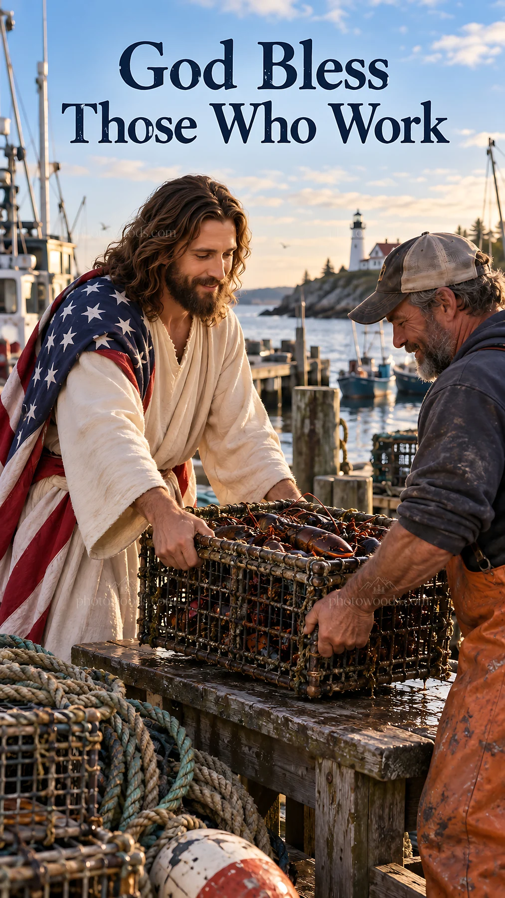 Jesus Christ blessing a fisherman by the docks - AI-generated stock image