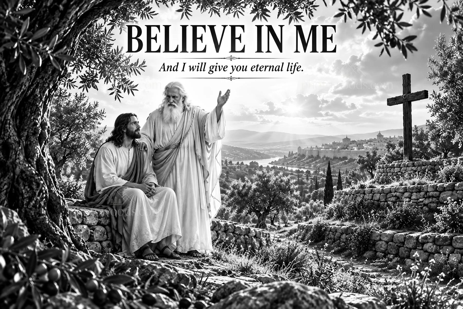 Jesus Christ offering comfort and teaching near a cross - AI-generated stock image