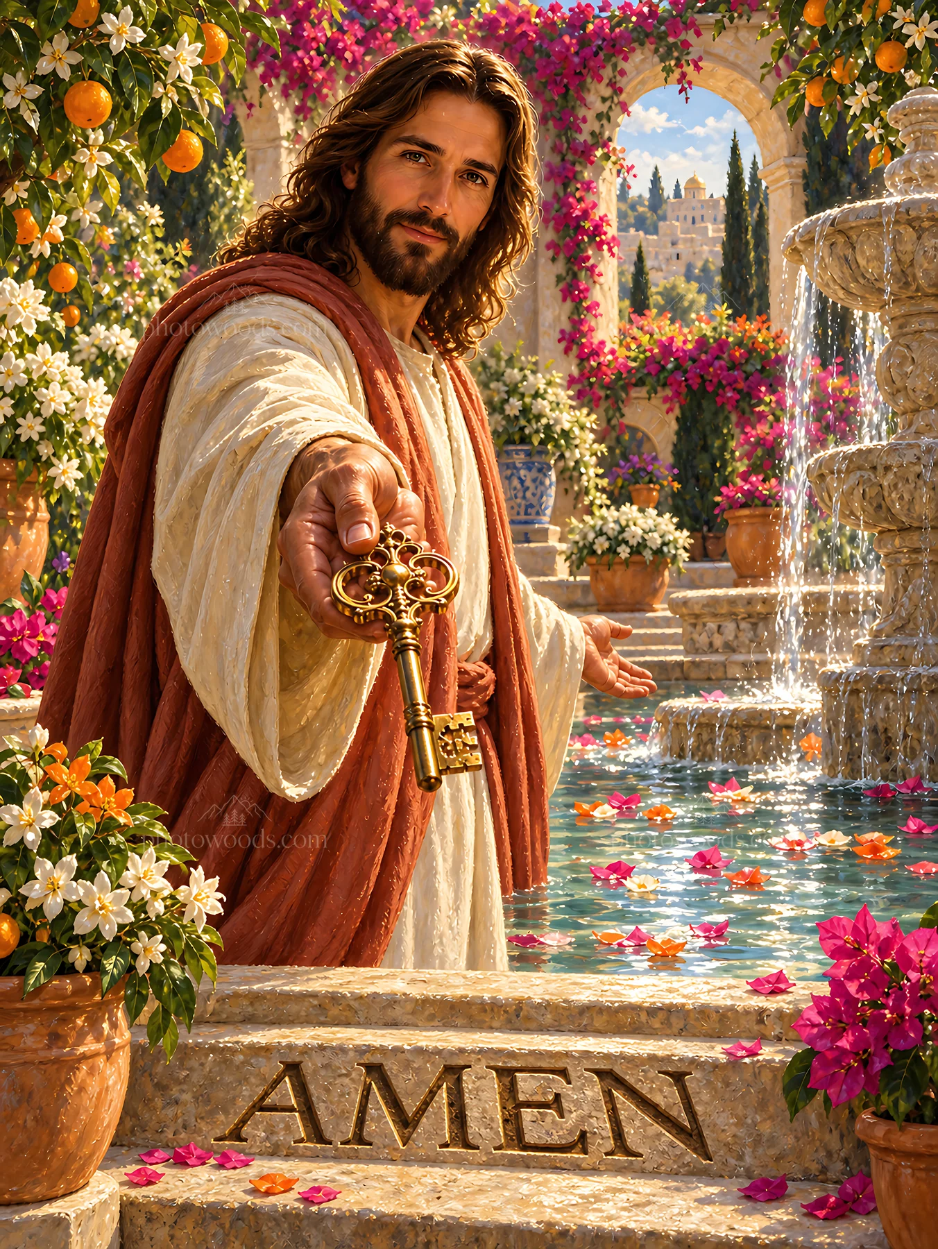 Blossom Courtyard with a figure holding a key - AI-generated stock image