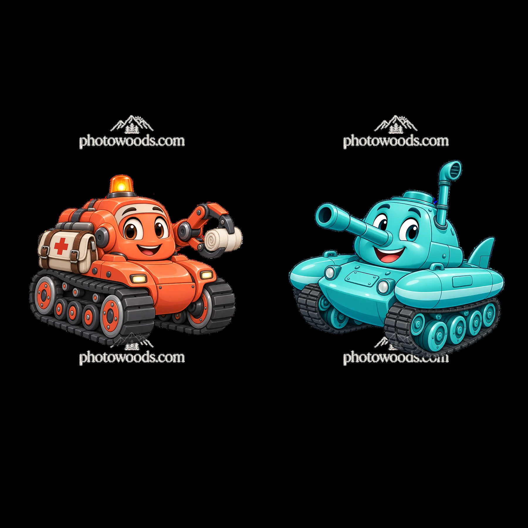 Two cartoon tanks in friendly poses with accessories - AI-generated stock image