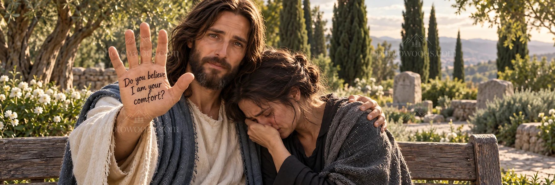 Jesus Christ comforting a woman in a garden setting - AI-generated stock image
