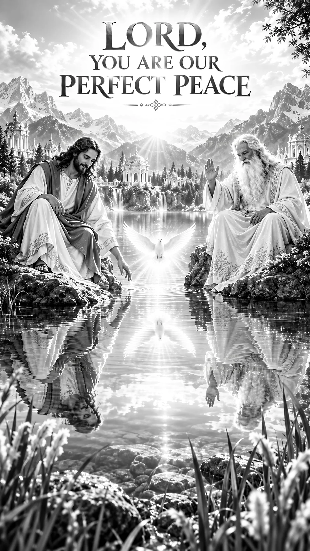 Jesus Christ sharing a moment by a serene lake - AI-generated stock image