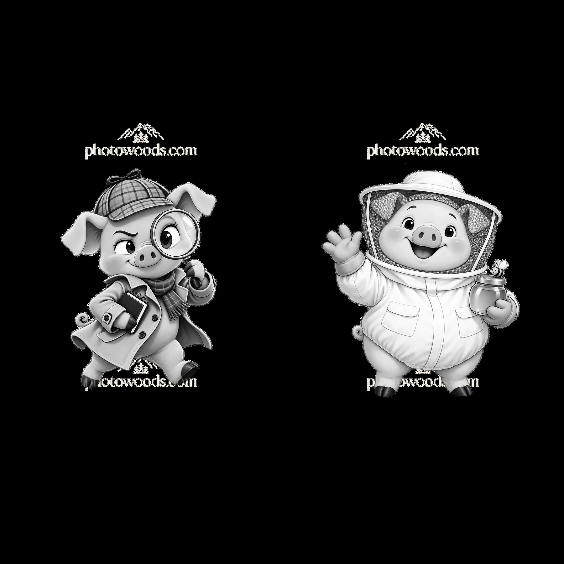 Two cartoon pigs in detective and beekeeper outfits - AI-generated stock image