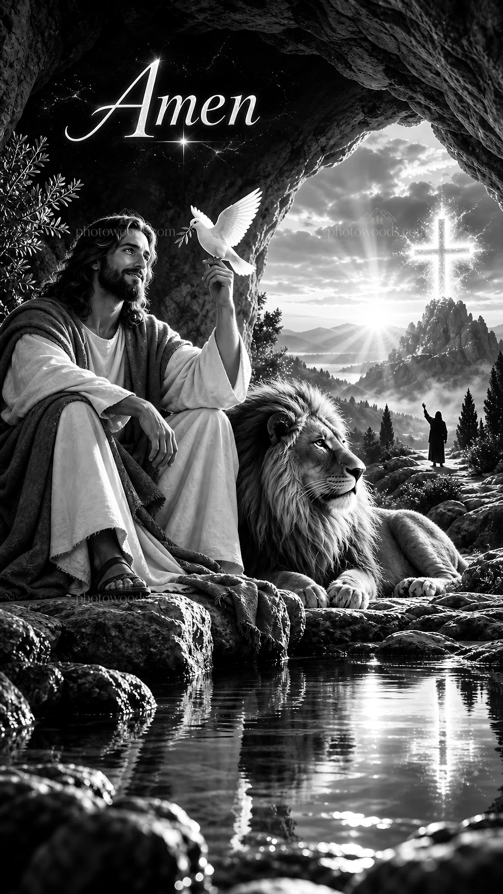 Jesus Christ with a lion and a dove in a natural scene - AI-generated stock image