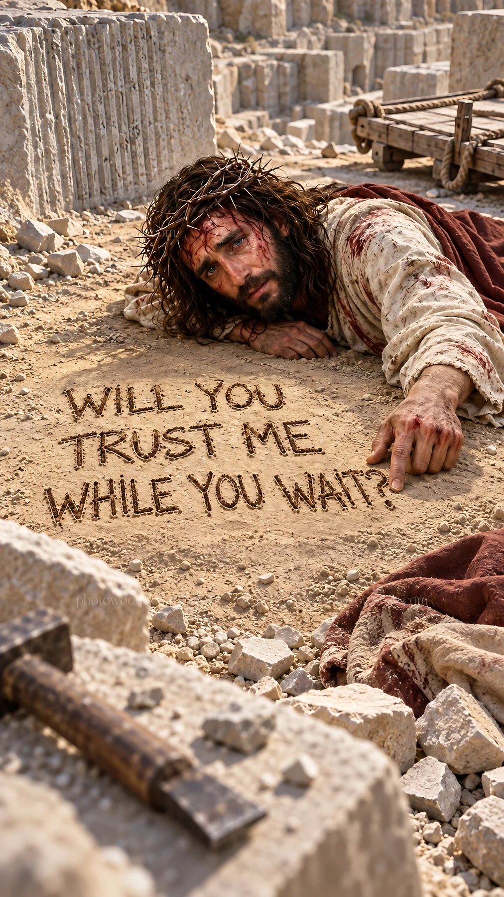 Jesus Christ writing in the sand and asking for trust - AI-generated stock image