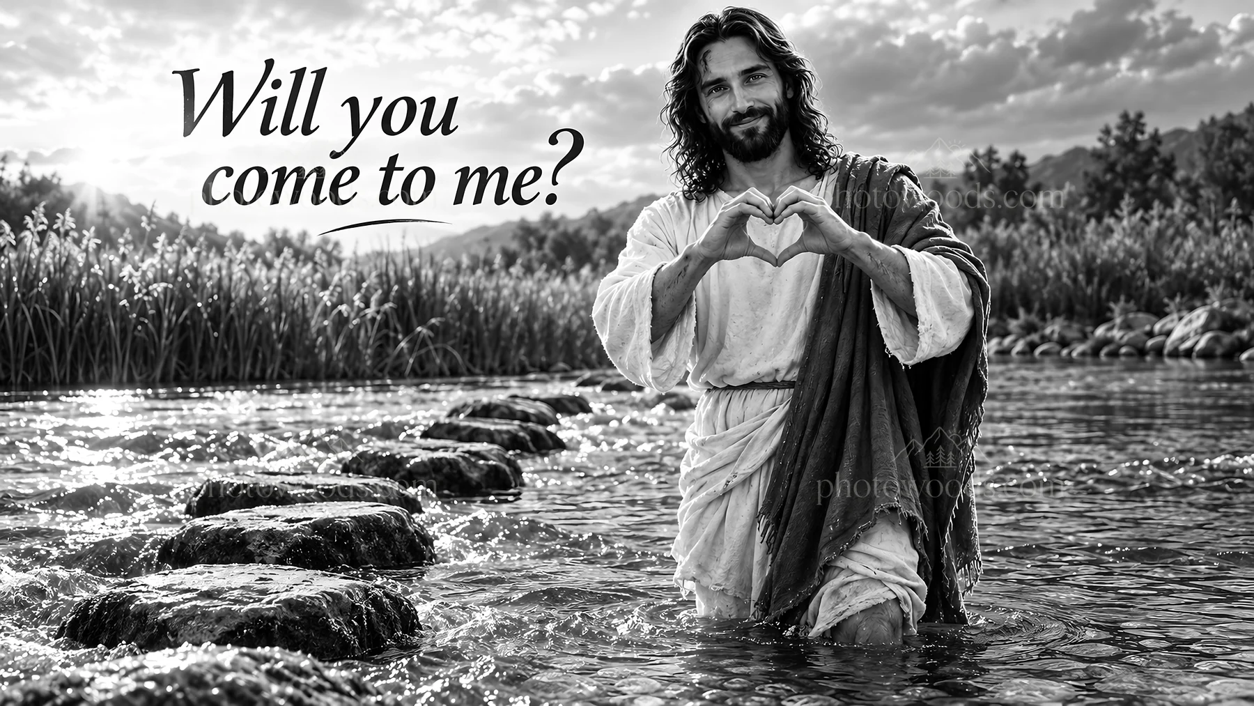 Jesus Christ invites with open arms in a river setting - AI-generated stock image