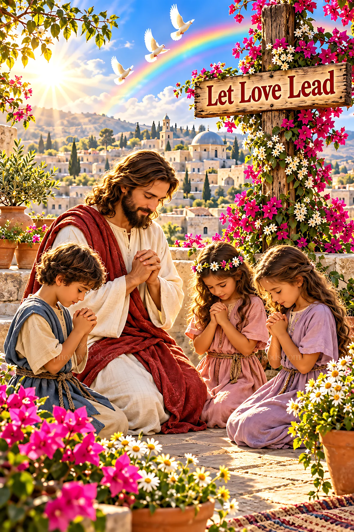 Prayer on the rooftop terrace with children and Jesus - AI-generated stock image