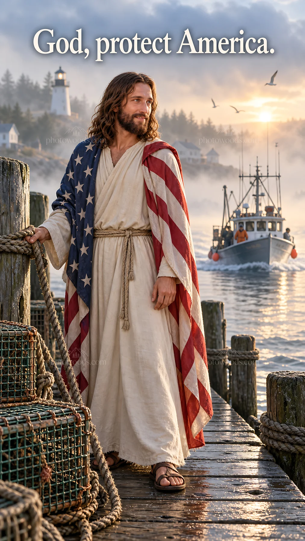 Jesus Christ stands by the water as a boat sails in the background - AI-generated stock image