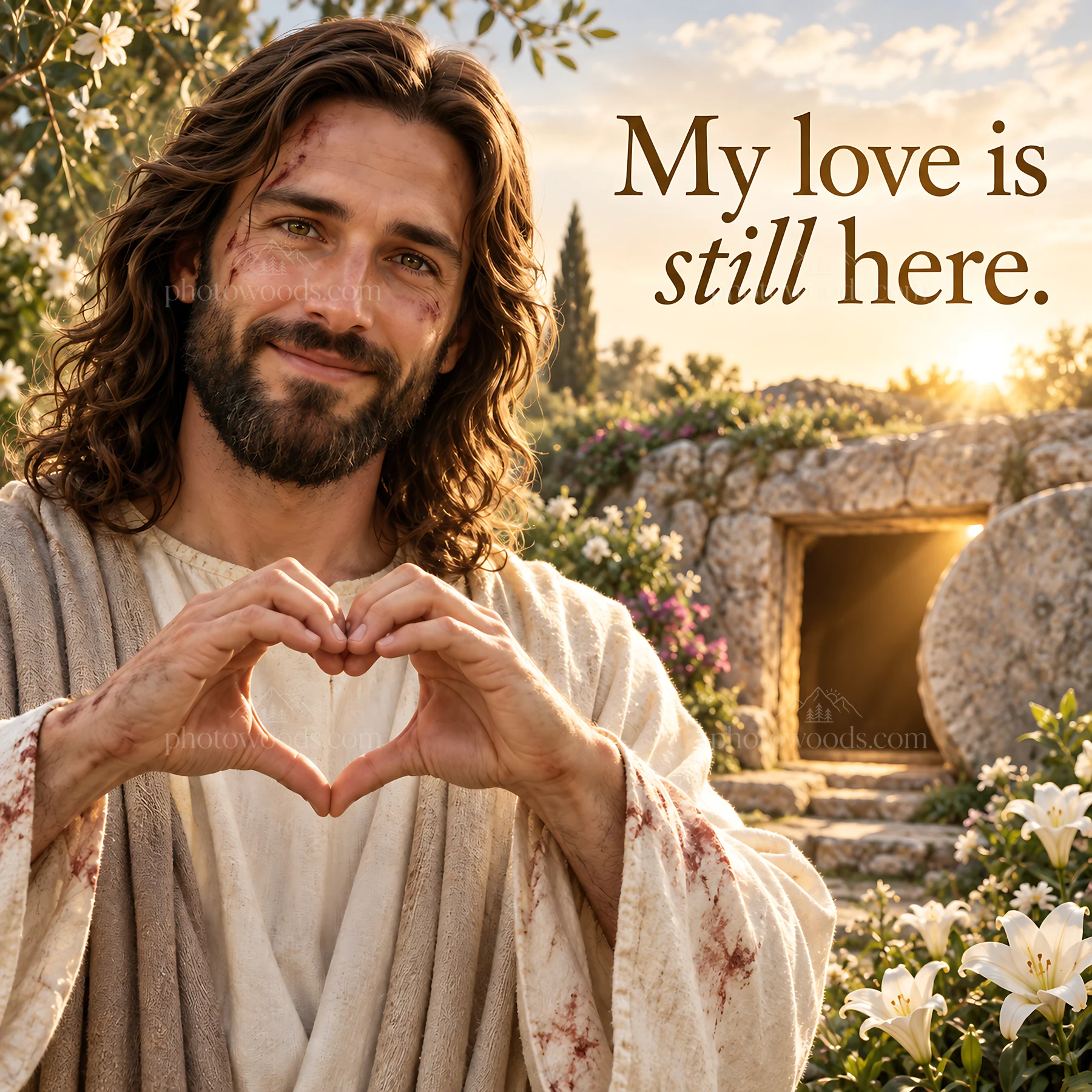 Jesus Christ showing love in a garden setting - AI-generated stock image