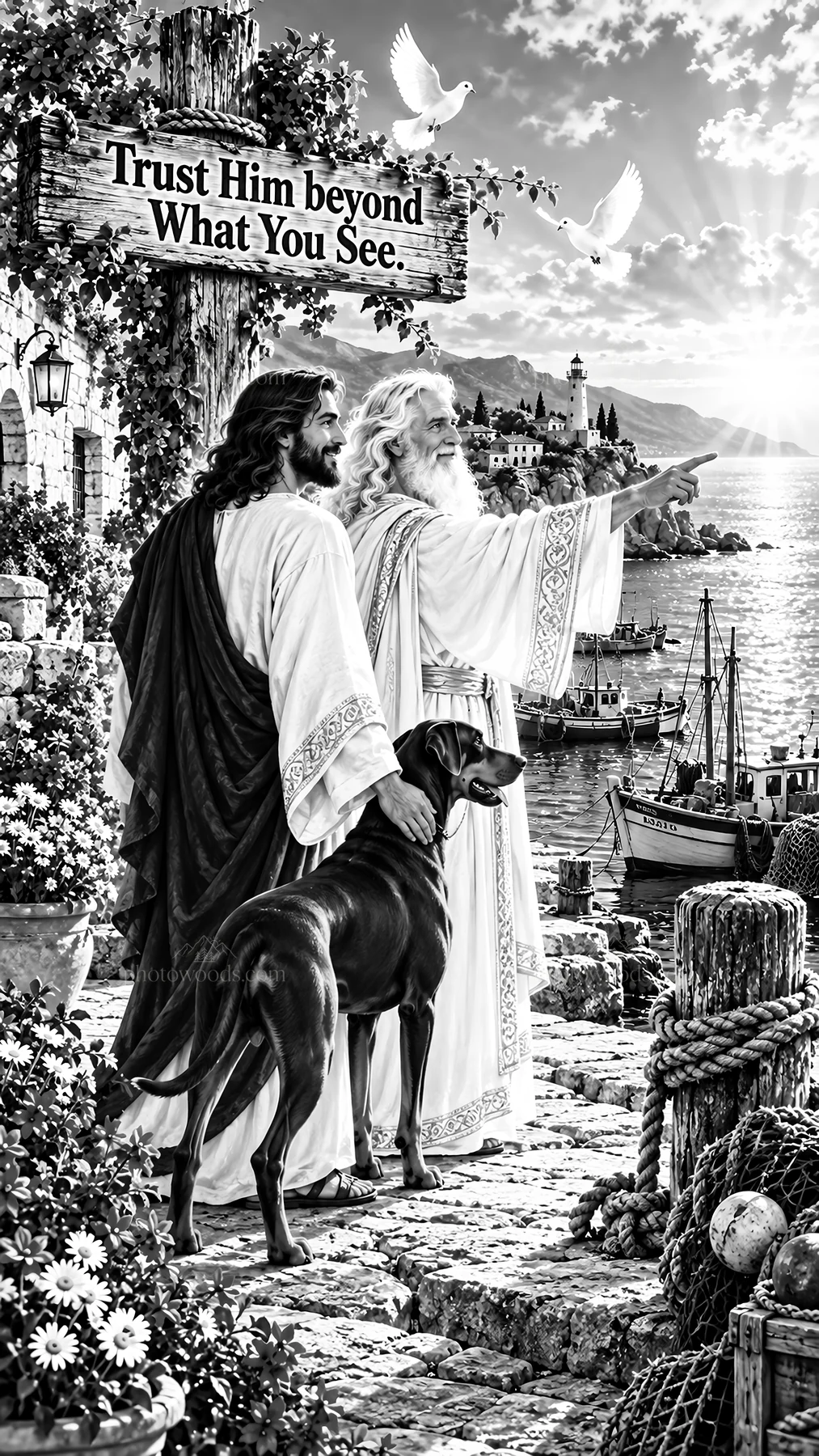 Jesus Christ pointing and teaching by the shore - AI-generated stock image