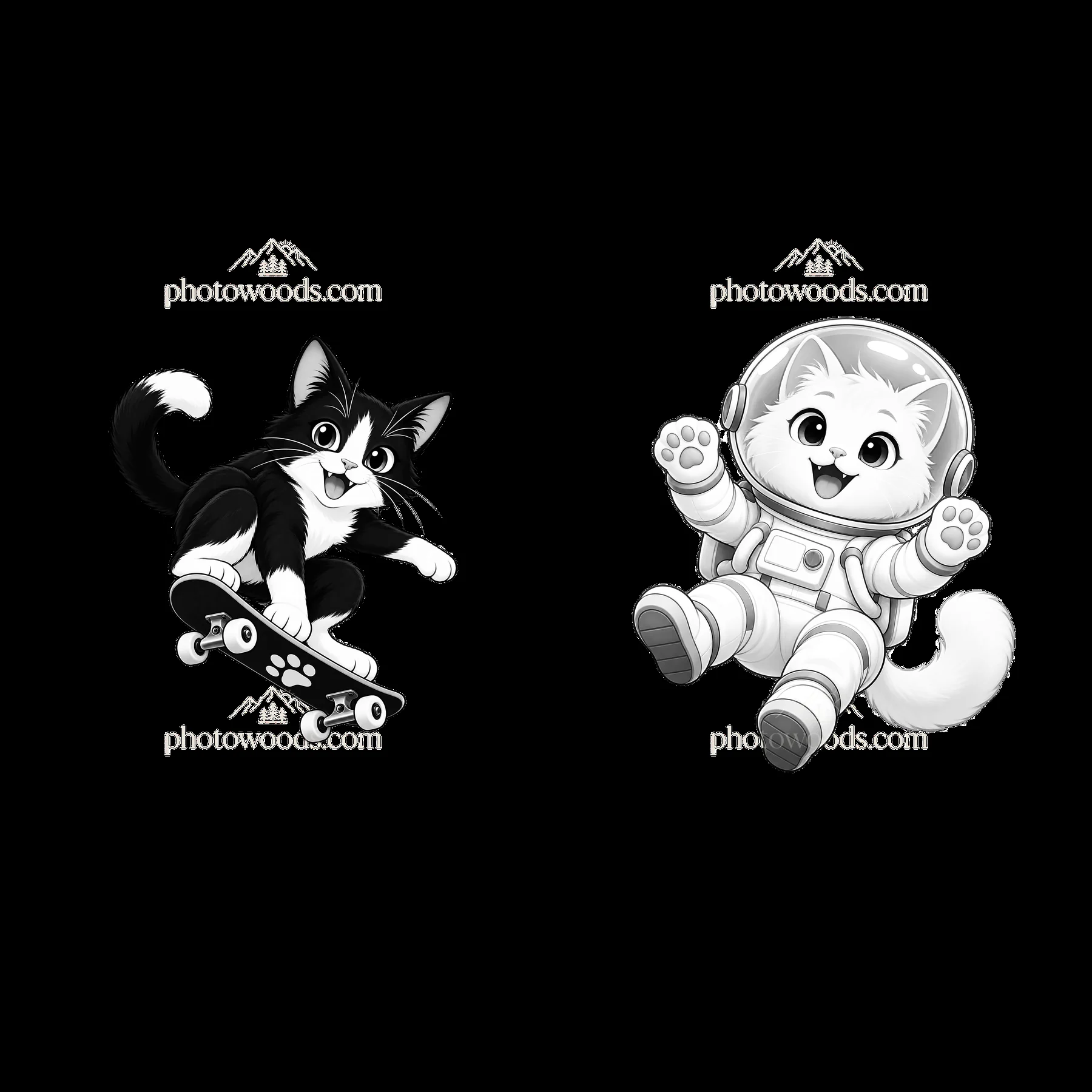 Skateboarding cat and astronaut cat in black and white - AI-generated stock image