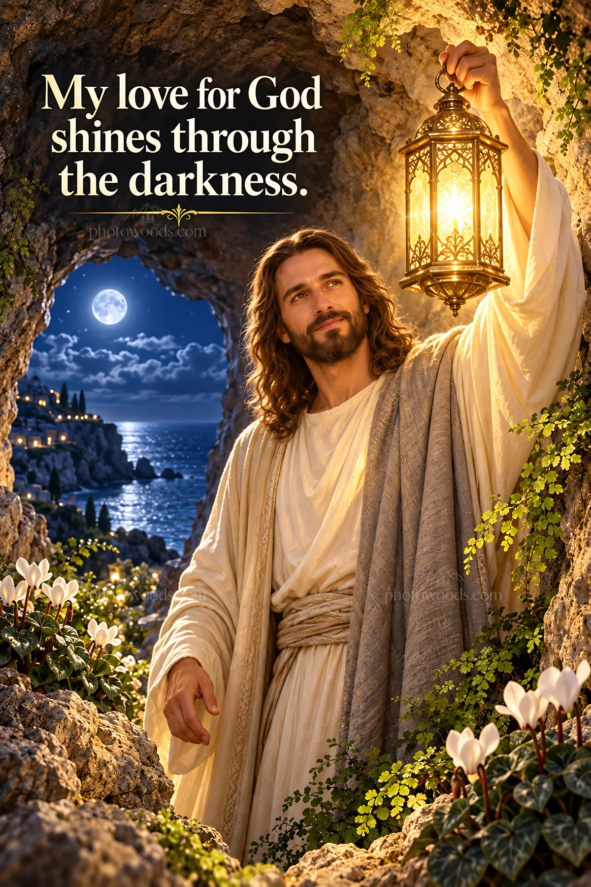 Jesus Christ holding a lantern in the darkness - AI-generated stock image