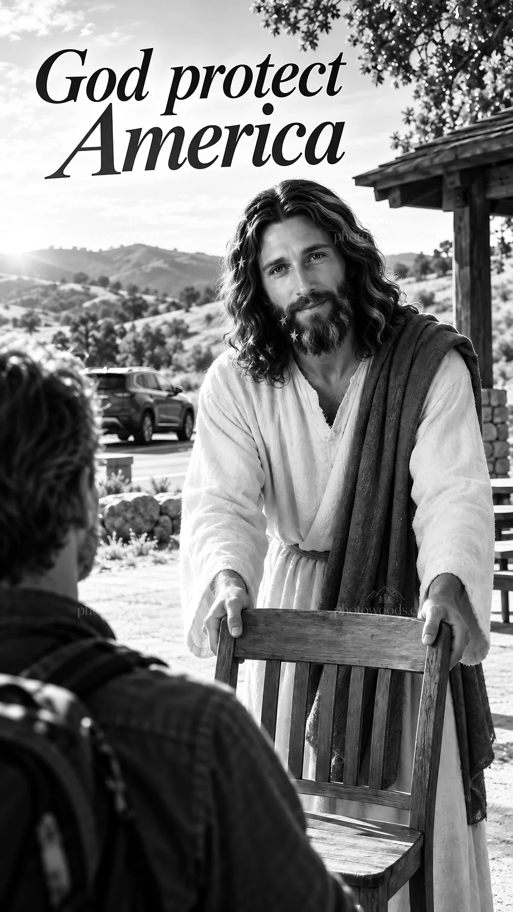 Jesus Christ offers a chair in a welcoming outdoor setting - AI-generated stock image