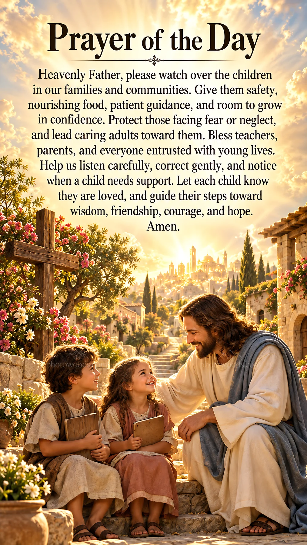 Jesus Christ teaching children with prayer and guidance - AI-generated stock image