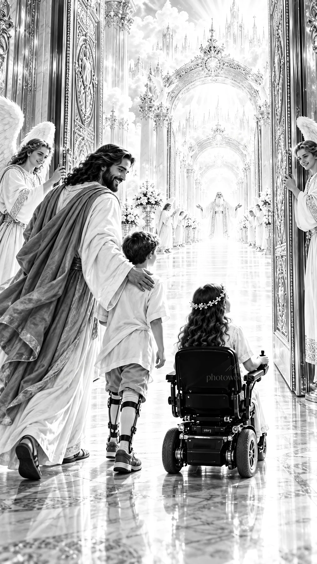 Jesus Christ walking with a boy and a girl in a wheelchair - AI-generated stock image
