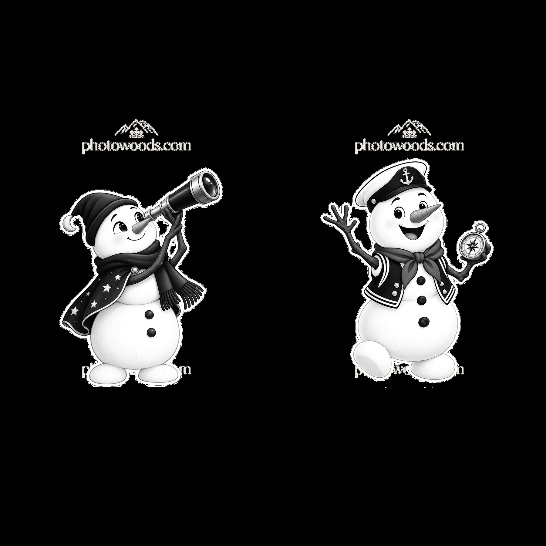 Snowman using telescope and another snowman with compass - AI-generated stock image