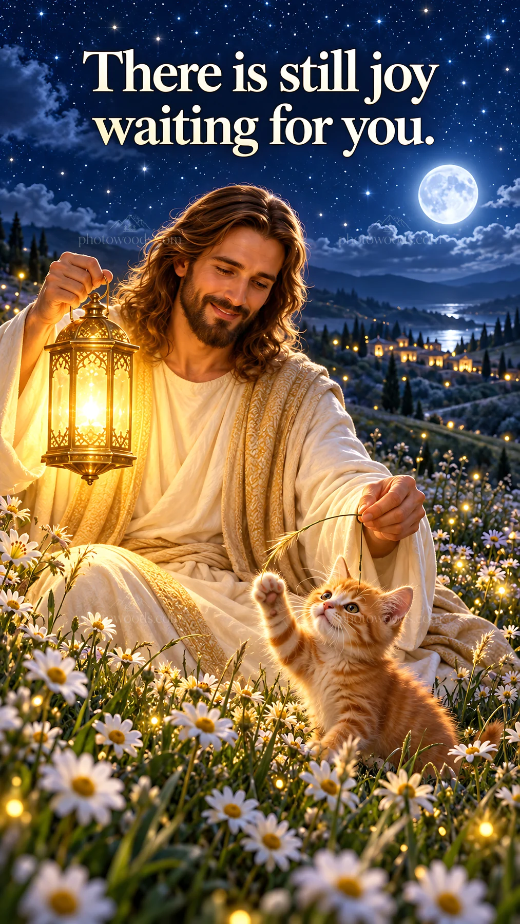 Jesus Christ holding a lantern with a kitten in a field - AI-generated stock image