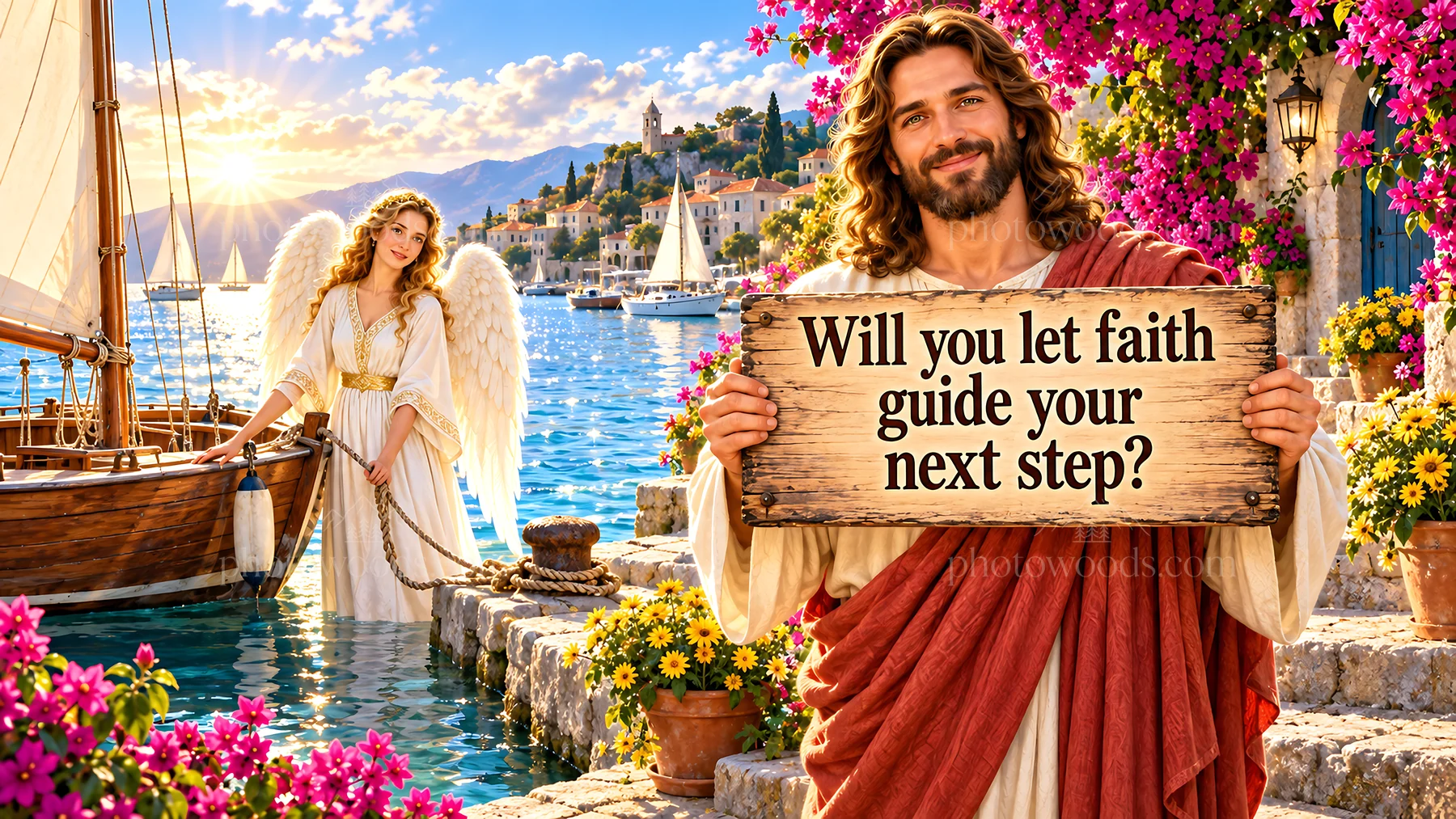 Jesus Christ guiding with faith by the water - AI-generated stock image
