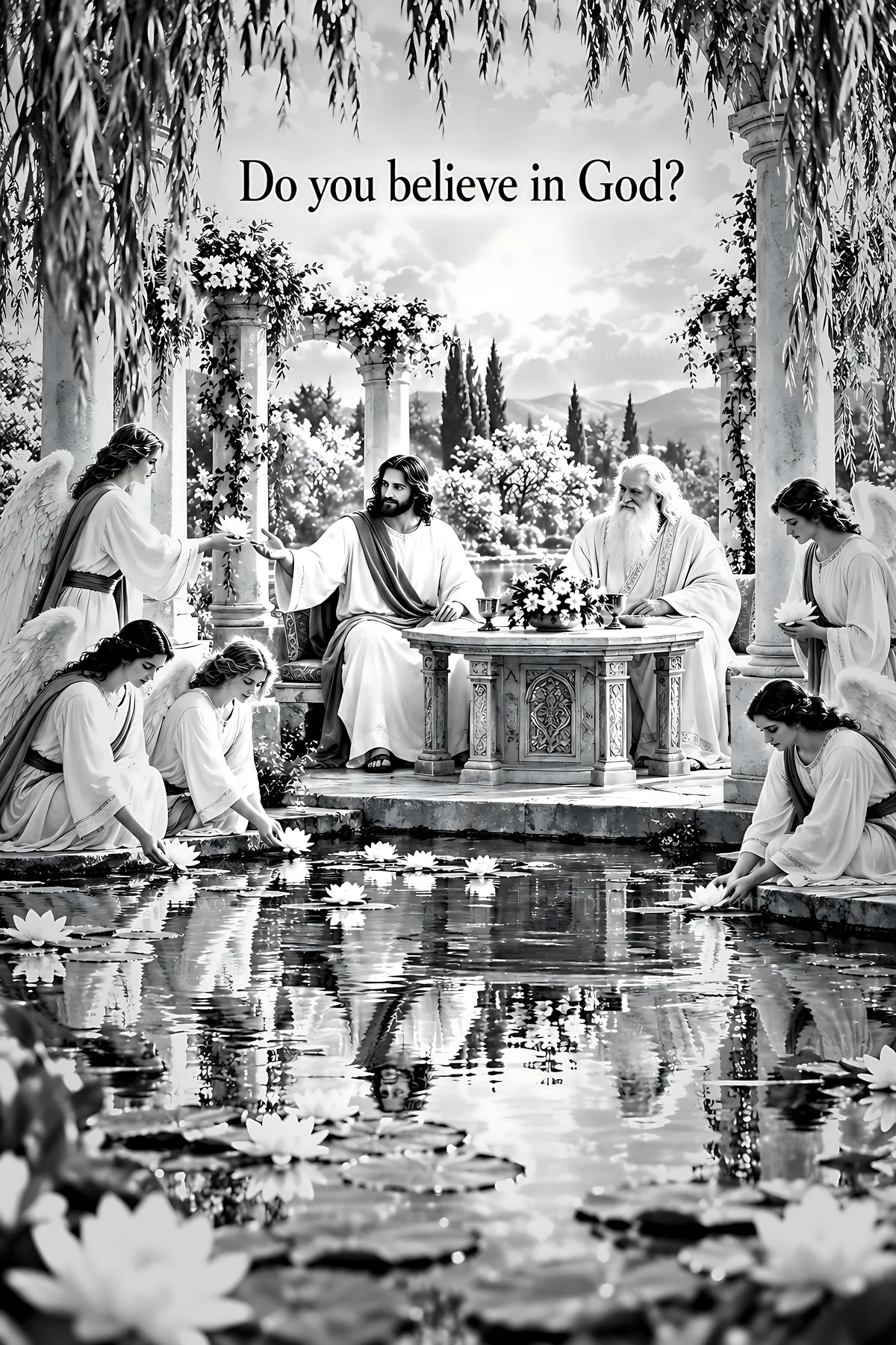 Depiction of divine figures around a lily pond - AI-generated stock image