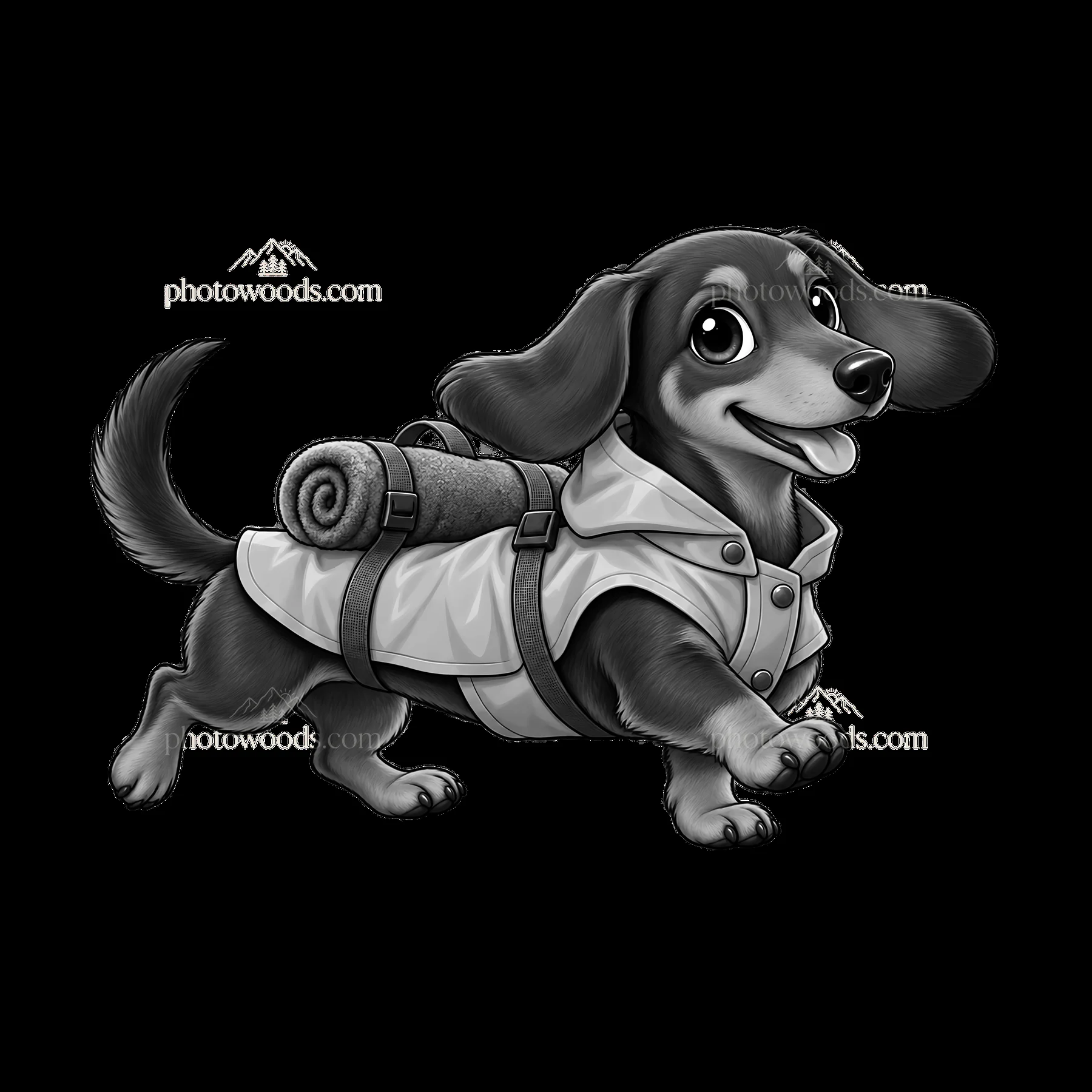Cute cartoon dog with backpack walking happily - AI-generated stock image