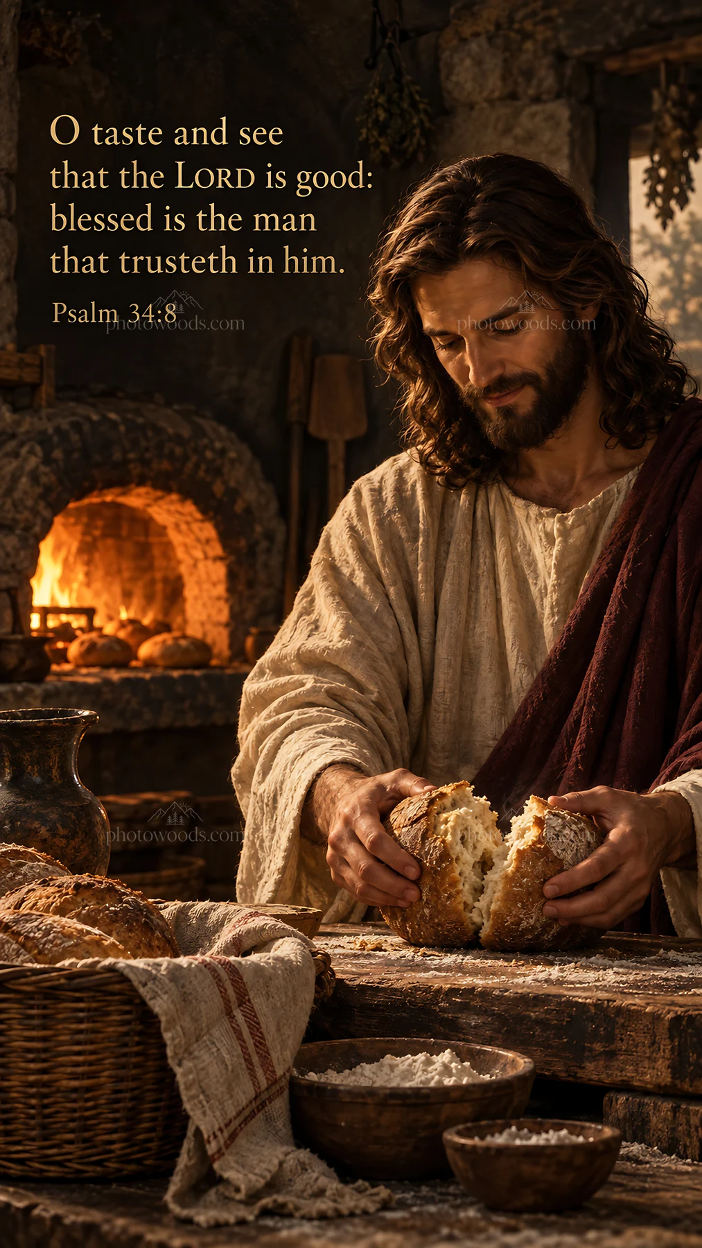 Jesus Christ sharing bread with His followers - AI-generated stock image