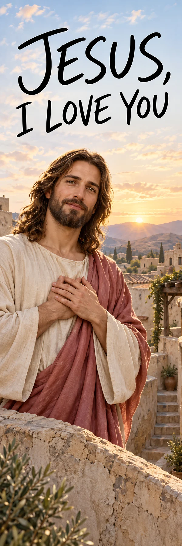 Jesus Christ smiling and showing love in a serene setting - AI-generated stock image