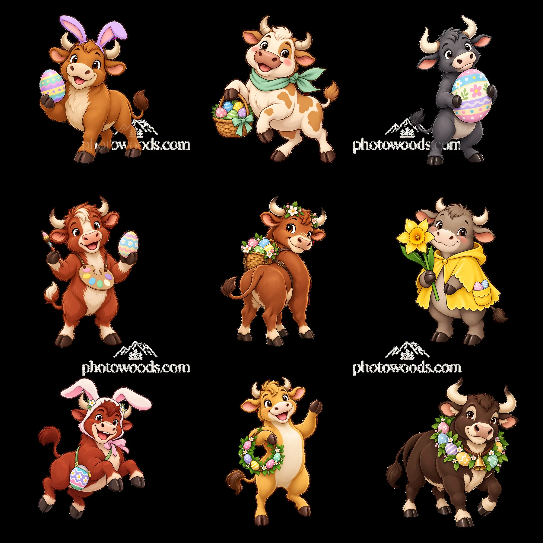 Easter ox cartoon characters with eggs and baskets in a grid - AI-generated stock image