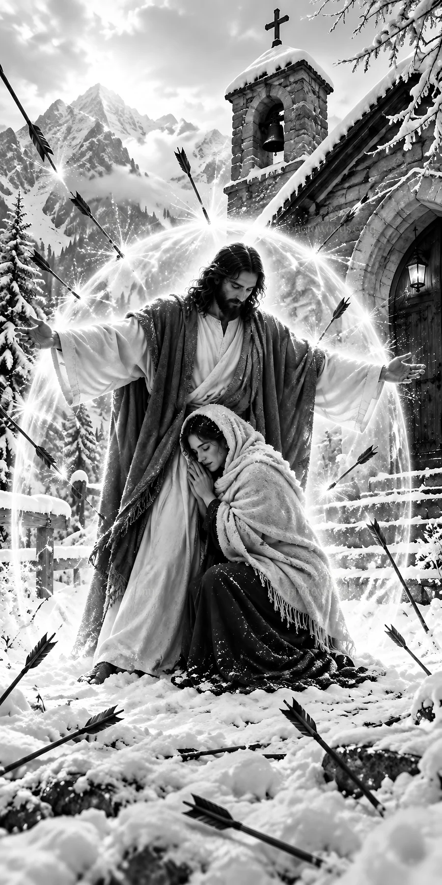 Jesus Christ comforts a suffering person in a snowy landscape - AI-generated stock image