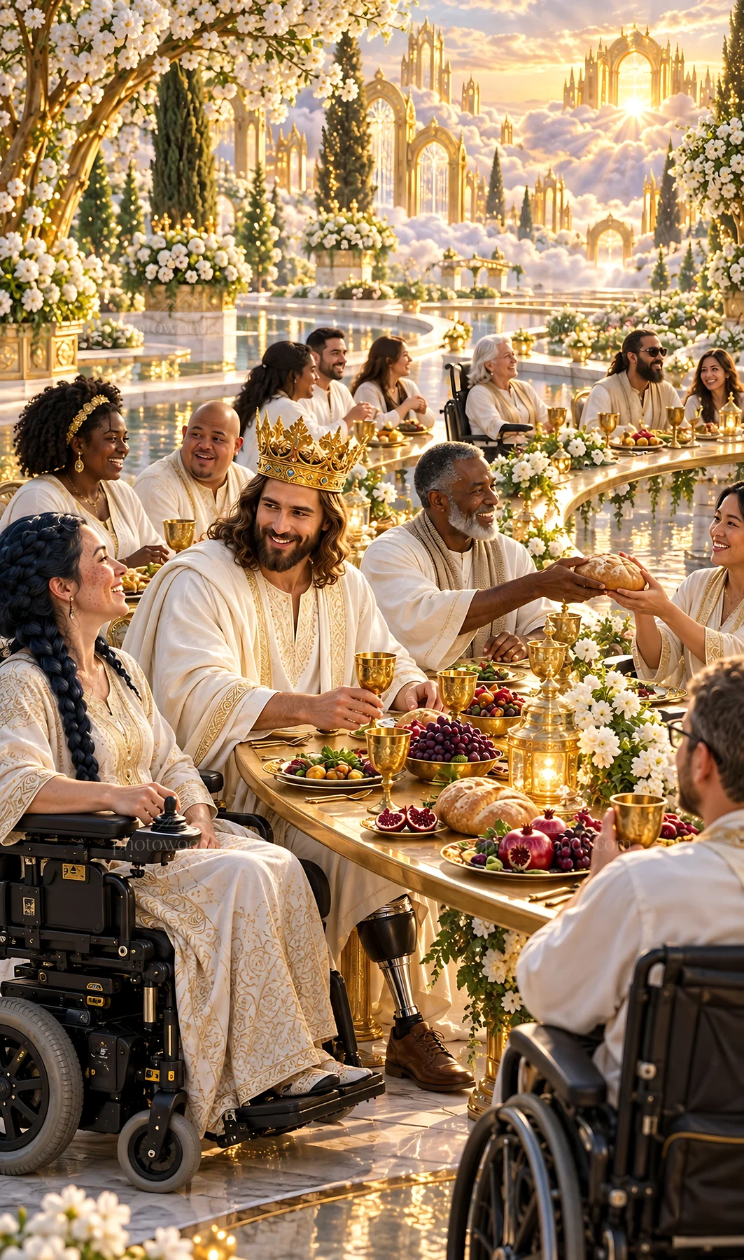 Jesus Christ sharing a meal with diverse believers in a garden - AI-generated stock image