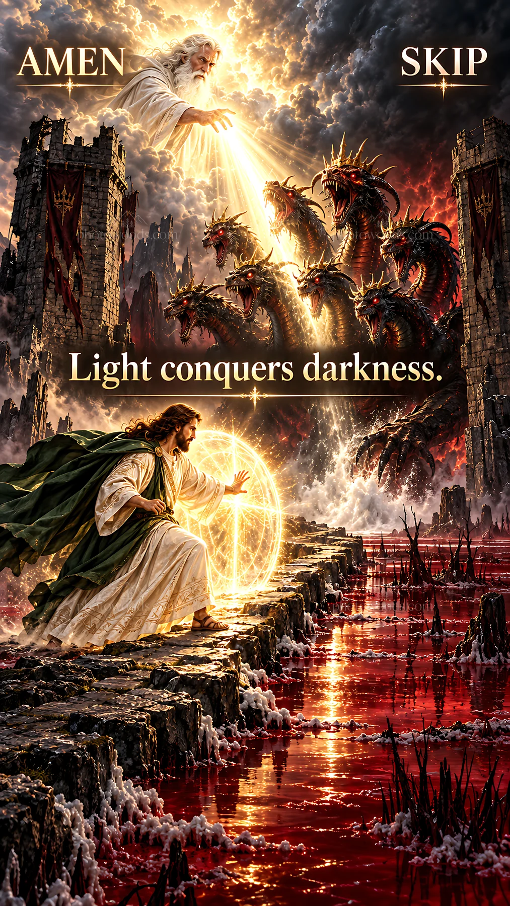 Jesus Christ overcomes darkness in a powerful scene - AI-generated stock image
