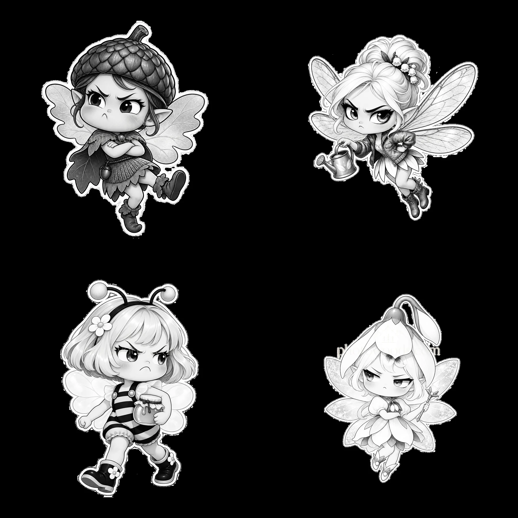Kawaii grumpy fairies with accessories in black-and-white illustration - AI-generated stock image