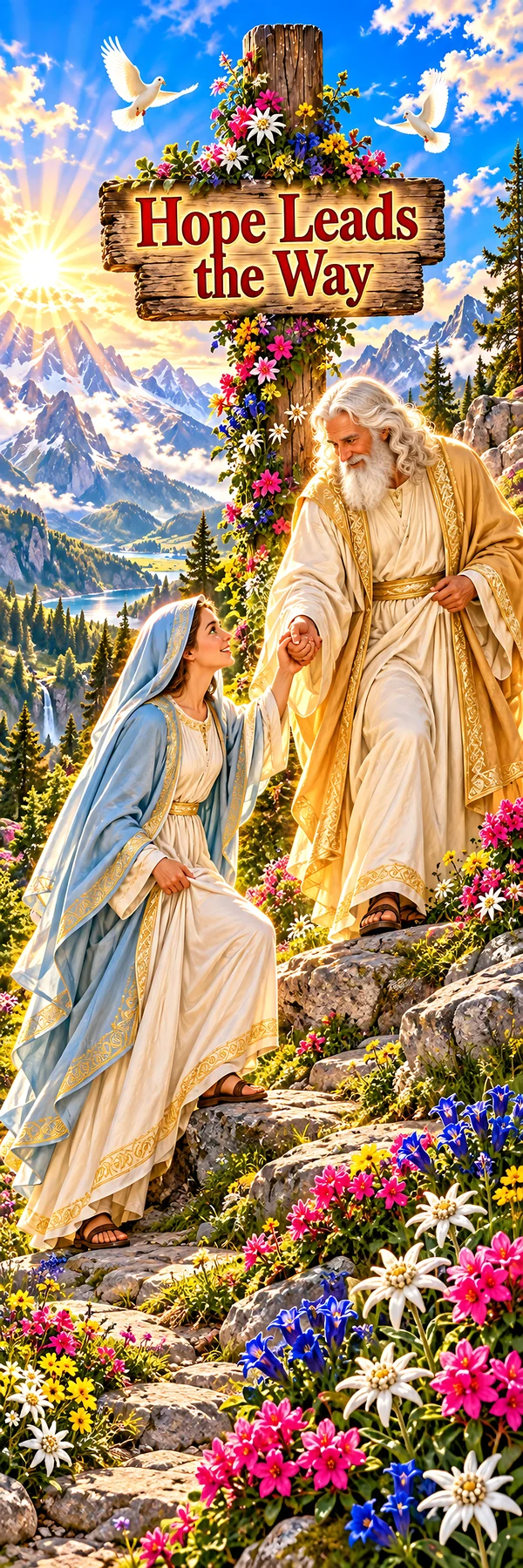 Jesus Christ guiding a person through a beautiful landscape - AI-generated stock image