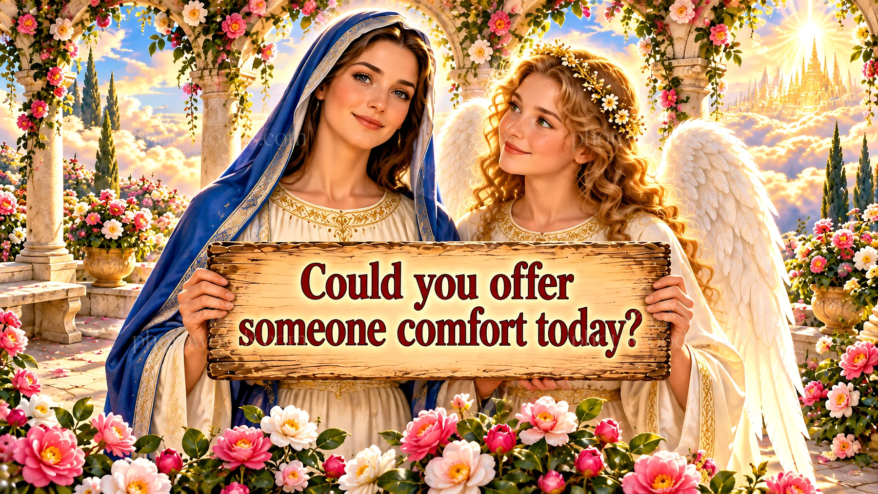 Jesus Christ comforting others in a garden setting - AI-generated stock image
