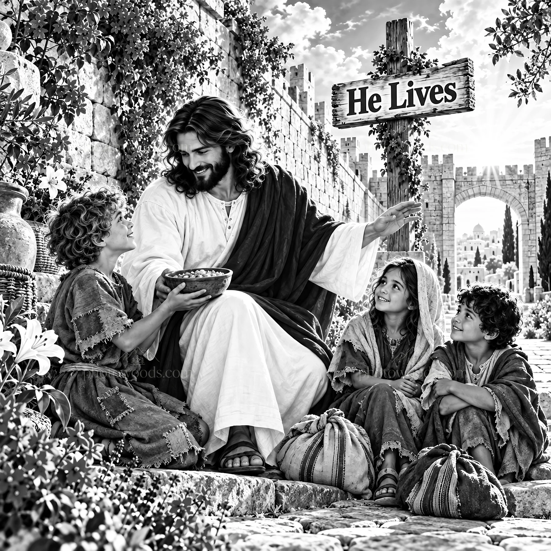 Jesus Christ sharing a meal with children in a biblical setting - AI-generated stock image
